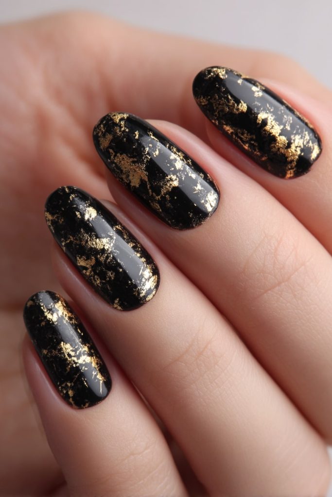 Black and Gold Foil Nails