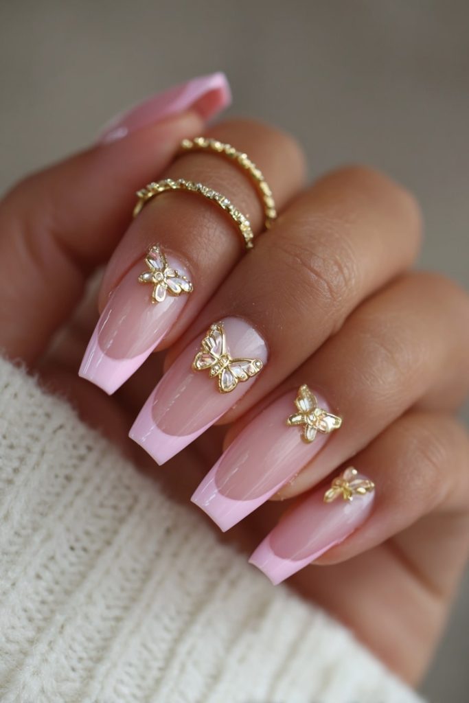 Pink French Tips with Butterfly Charms