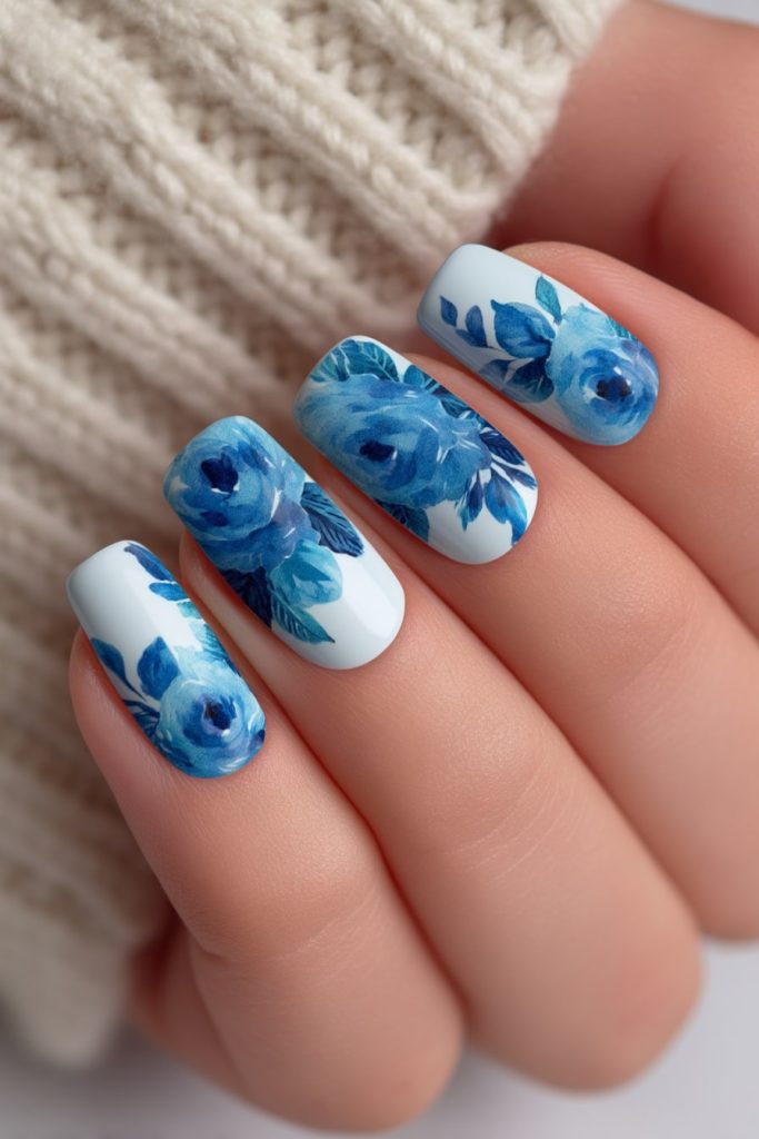 Blue Watercolor Florals on White