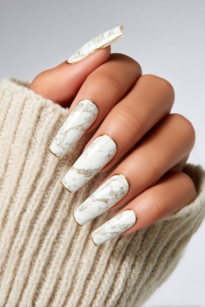 Acrylic Nails with Marble & Gold Outline