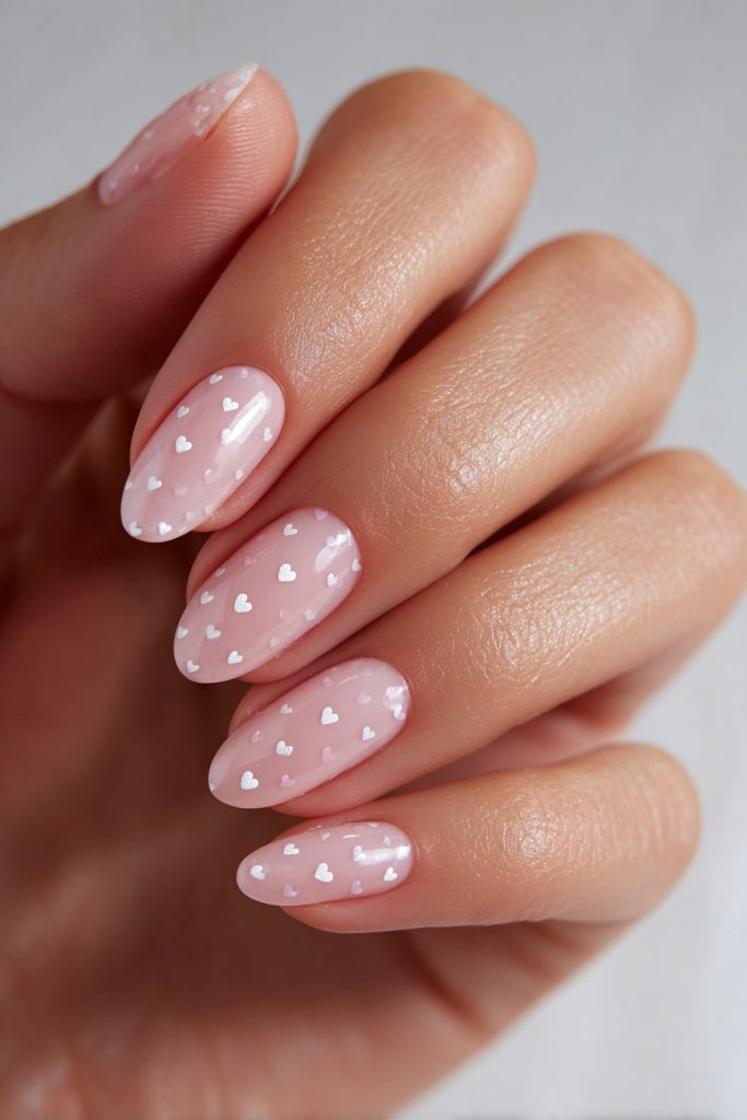 White Nails with Mini Hearts