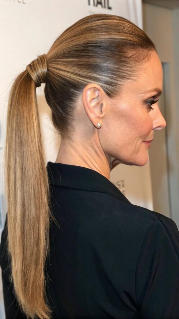 The sleek ponytail is a chic and polished hairstyle that is perfect for women in their 40s.