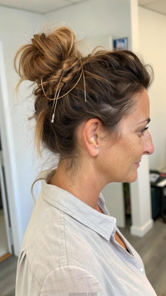 The messy bun is a relaxed and effortless hairstyle that is perfect for busy women in their 40s.