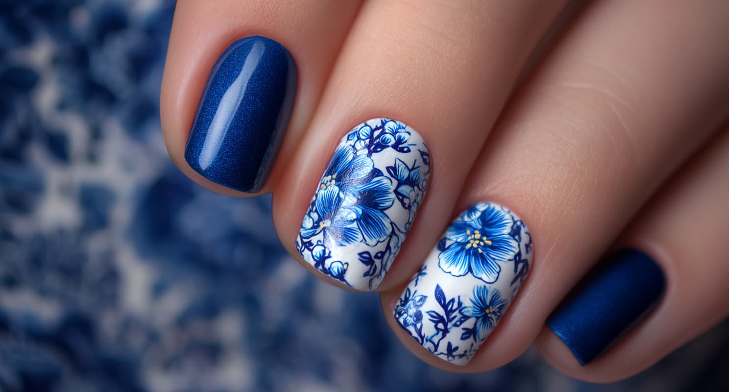 Blue and White Floral Nail Designs