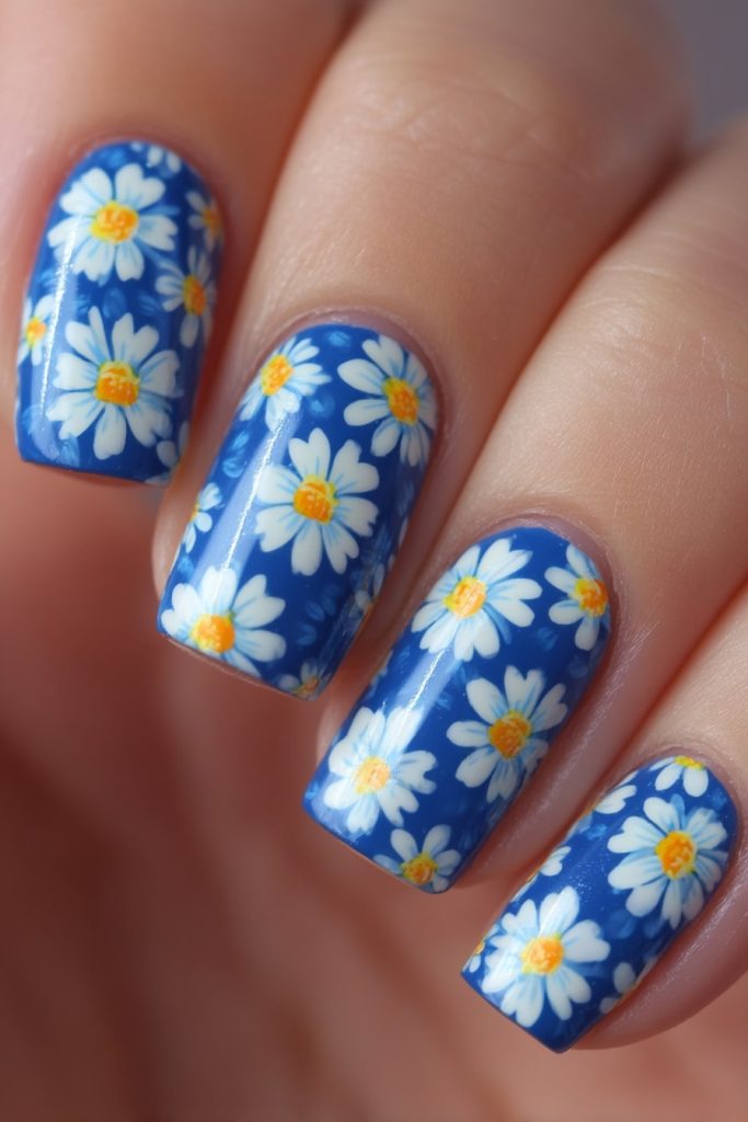 Blue and White Daisy Nails