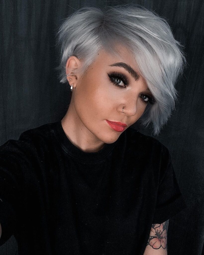 Edgy pixie on platinum haircut