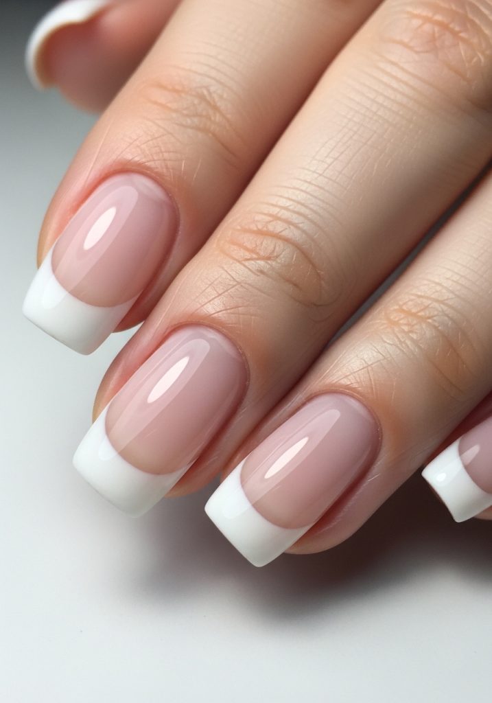 Milky white nails with a brighter white French tip creating a subtle layered effect