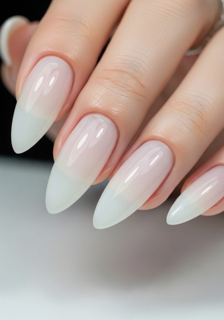 Almond-shaped nails in sheer milky white with a soft natural glow