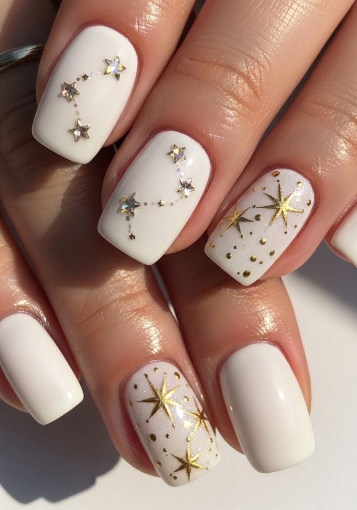  Milky white nails with tiny gold star detail on two accent fingers