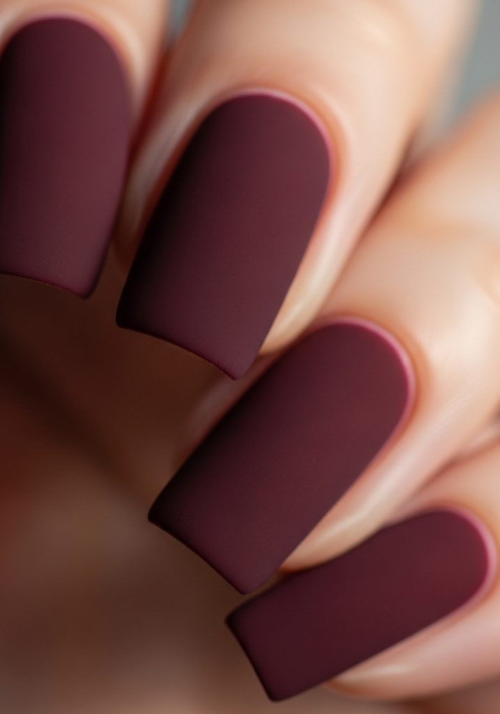 Burgundy nails with a matte velvety finish and deep rich color