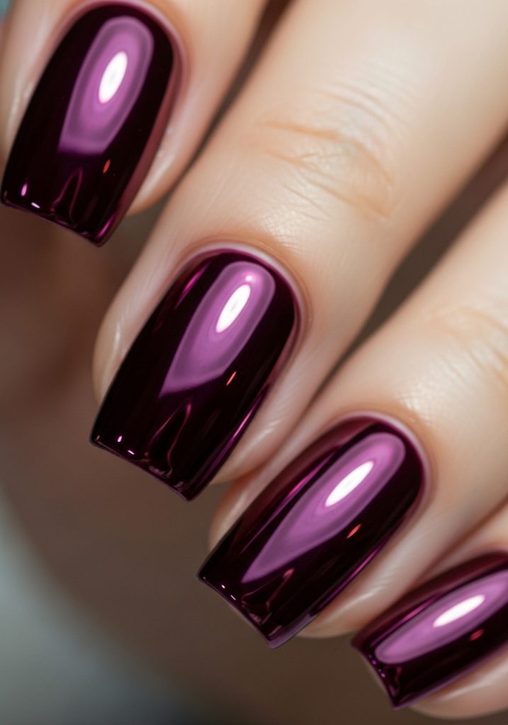 Burgundy chrome nails with a mirror-like metallic finish under bright studio light