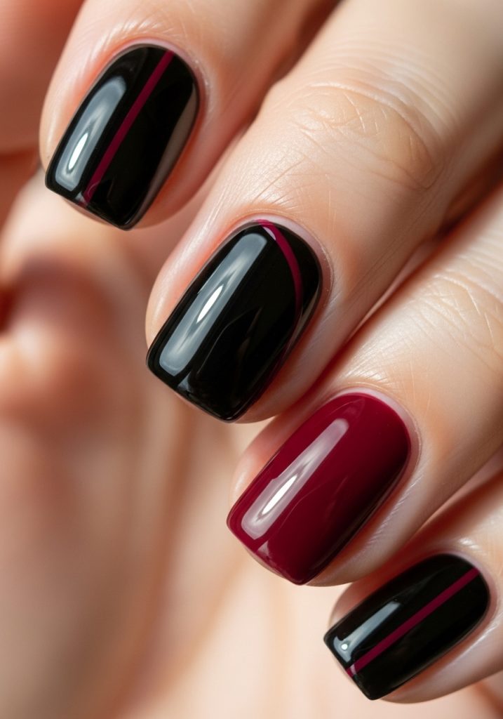 Black and burgundy nail designs with thin line detail and glossy finish