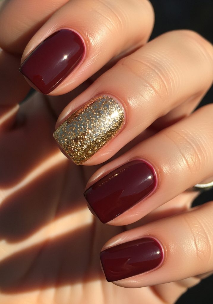 Burgundy nails with gold glitter accent finger and solid burgundy on the rest
