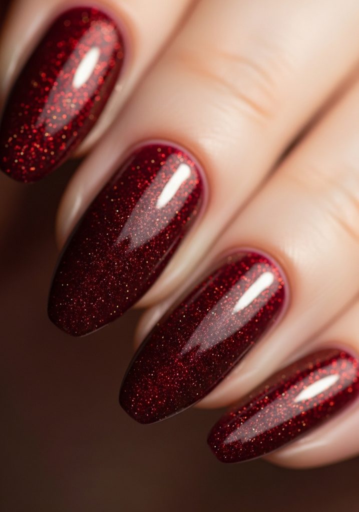Burgundy nails with fine red and gold shimmer visible under warm light, glossy finish