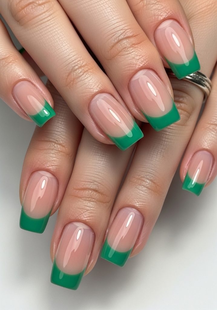 Nude nails with jade green French tips, clean crisp line and glossy finish