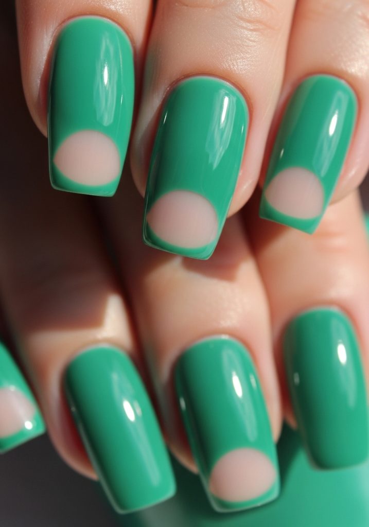 Jade nails with negative space crescent moon cutout at the base of the nail