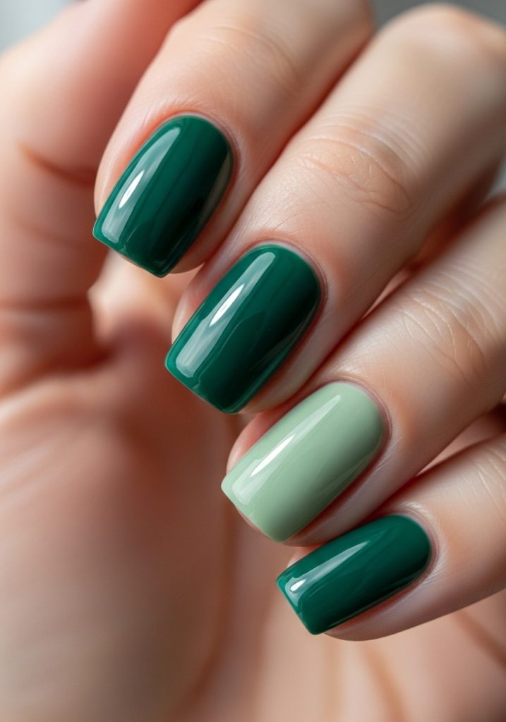 Alternating jade green and sage green nails on both hands with glossy finish