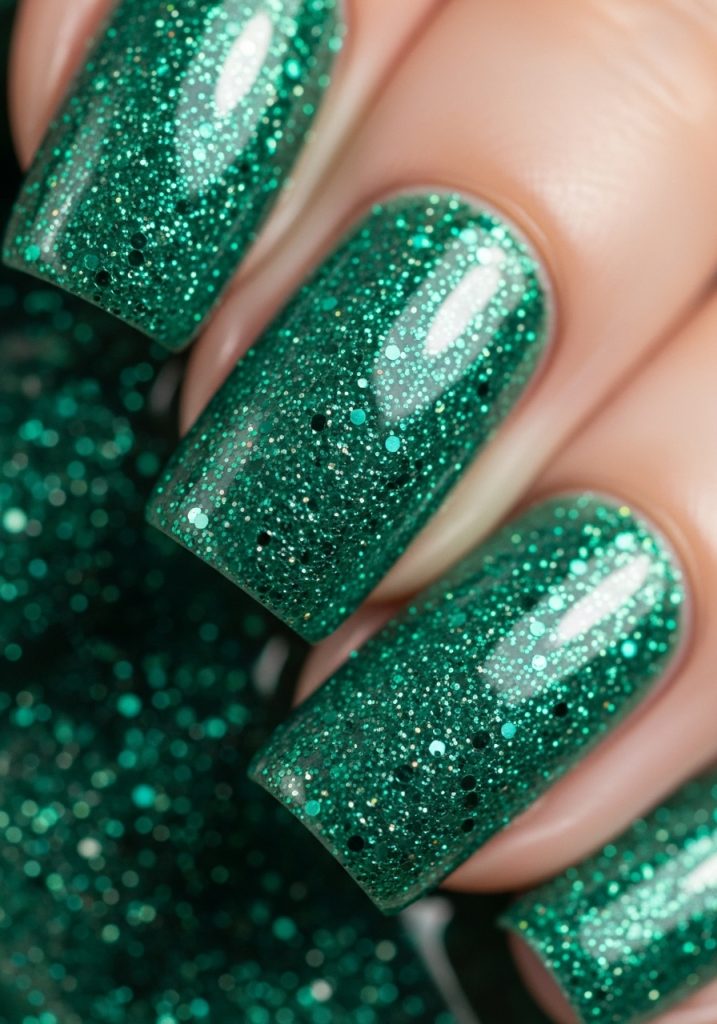 All nails covered in fine jade green glitter polish with dense sparkle and glossy finish