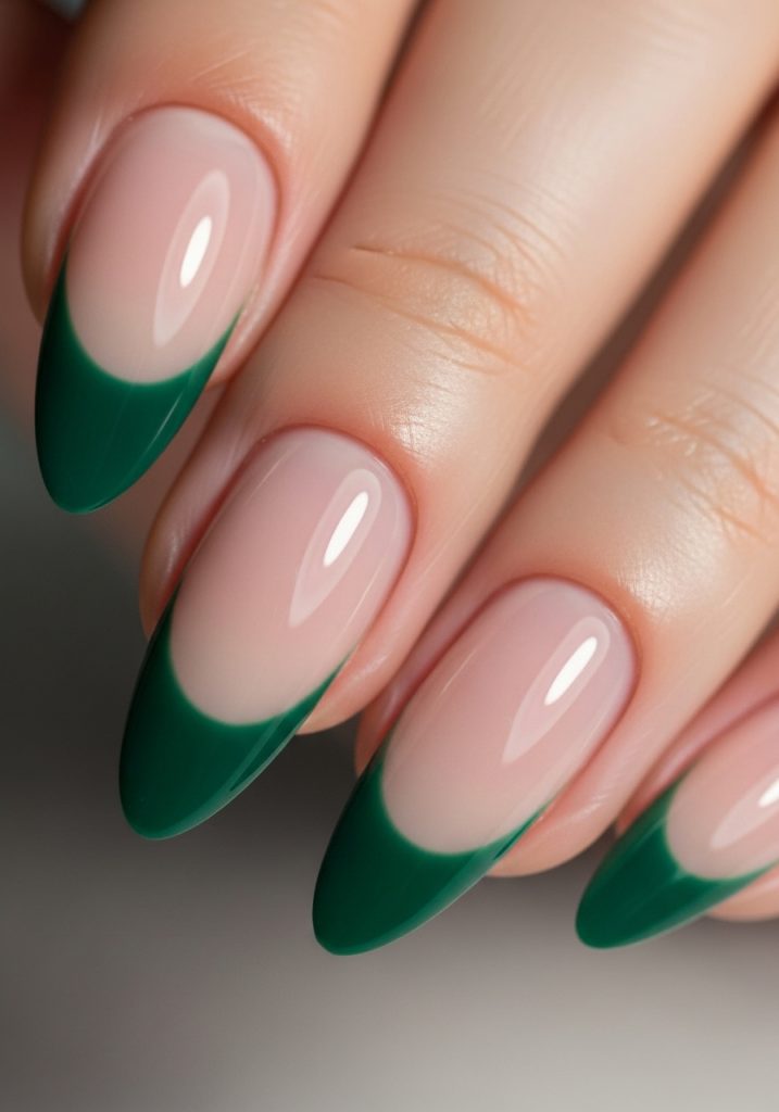 Almond-shaped nails with jade green tip and nude base, soft diffused lighting