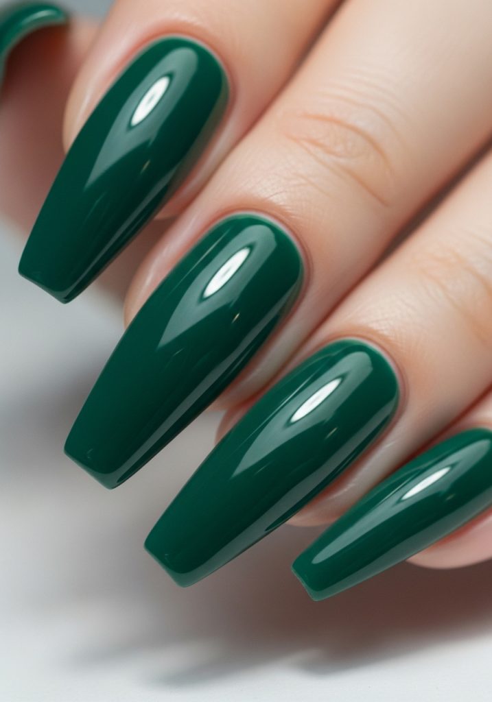 Deep jade green coffin nails with high-gloss finish and dramatic length