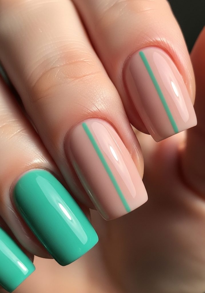 Nails split half jade green and half nude pink with a clean vertical line