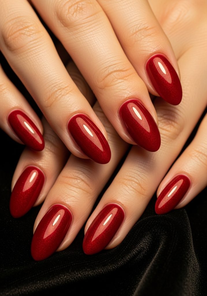Classic deep red glossy almond-shaped prom nails on a dark velvet background