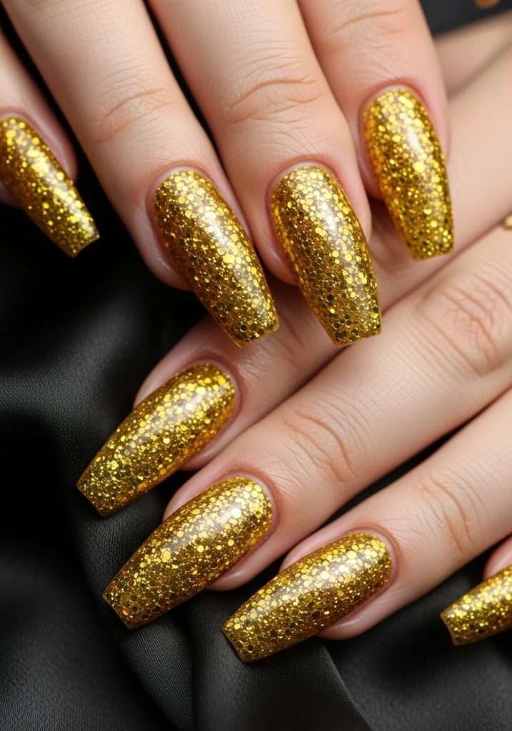 Long coffin-shaped nails adorned with dense, chunky gold glitter for an extravagant prom look