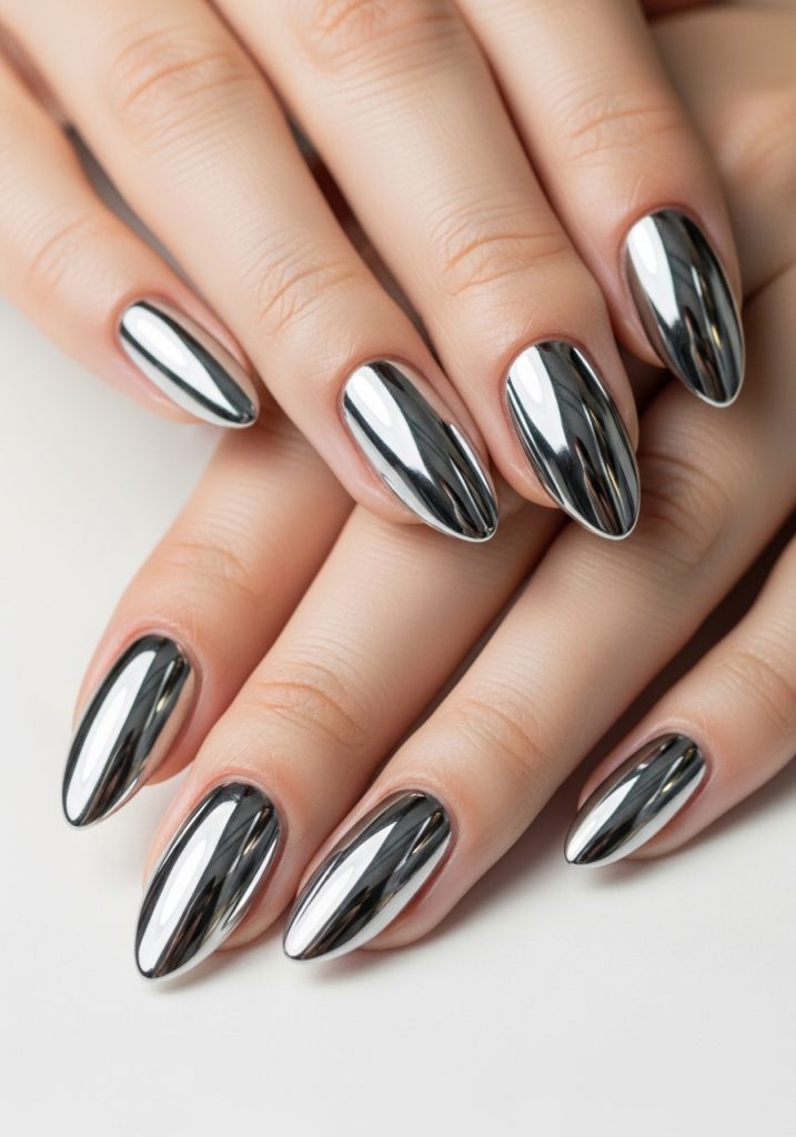 Short almond-shaped silver chrome nails with a mirror finish