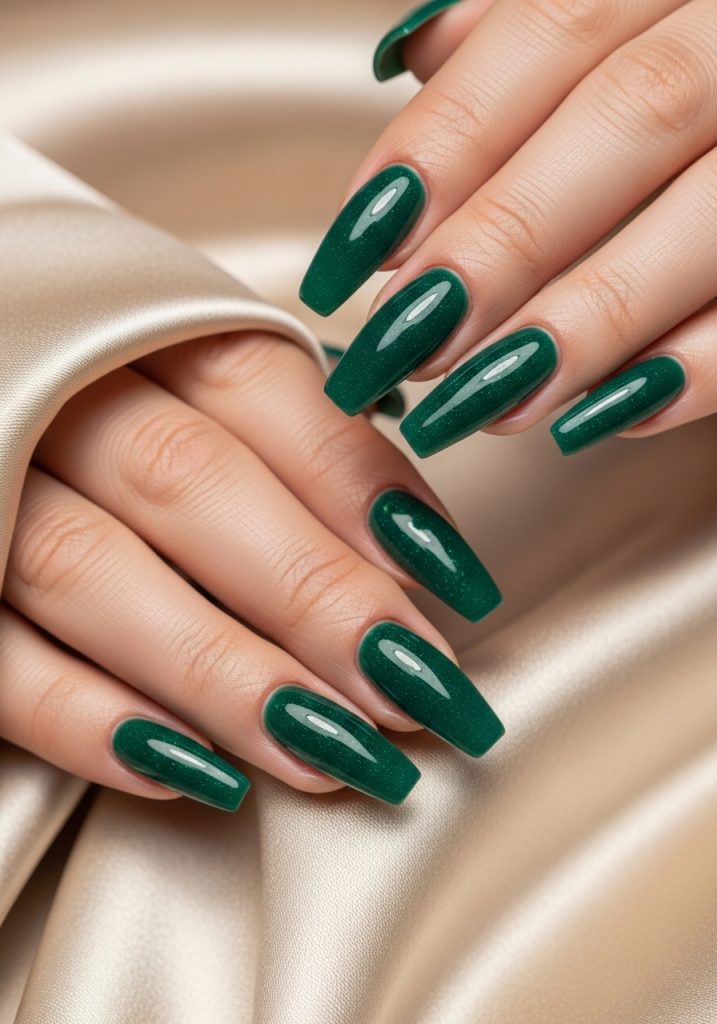 Long coffin-shaped rich emerald green glossy nails on champagne silk fabric