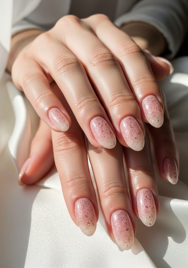 Soft sheer ballet pink oval nails with rose gold shimmer on white silk for prom