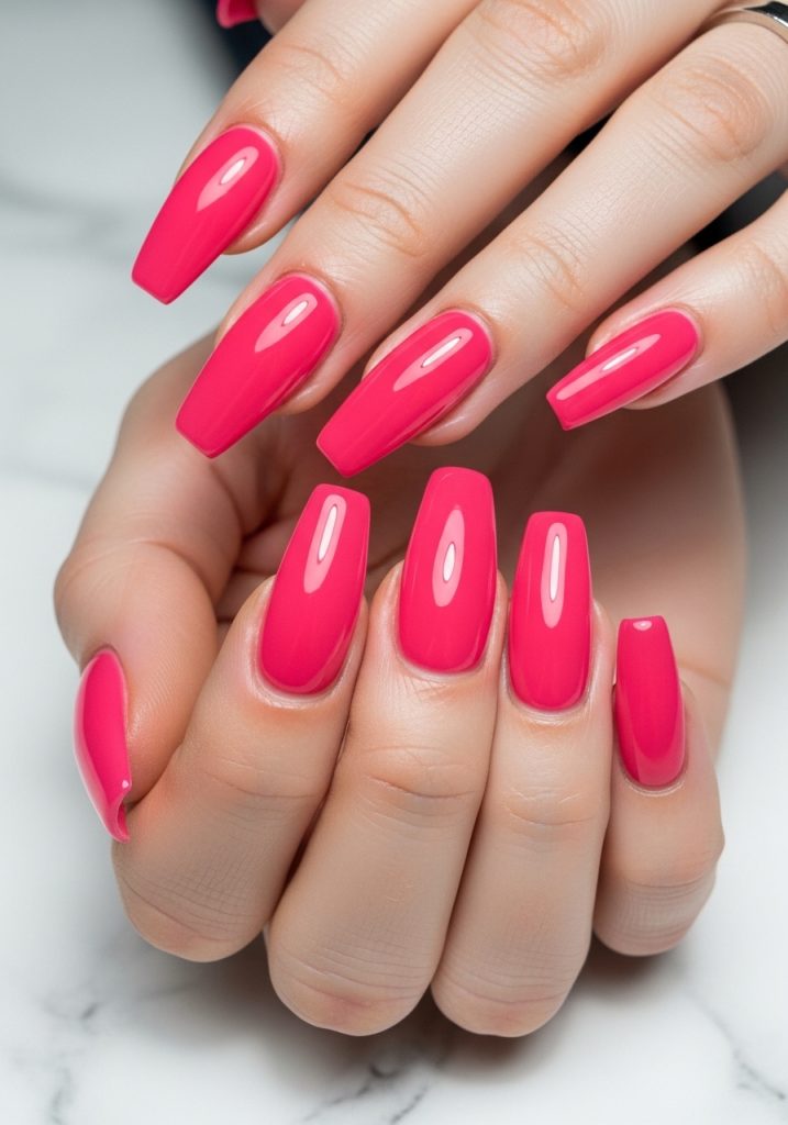 Long coffin-shaped vibrant hot pink glossy prom nails on white marble