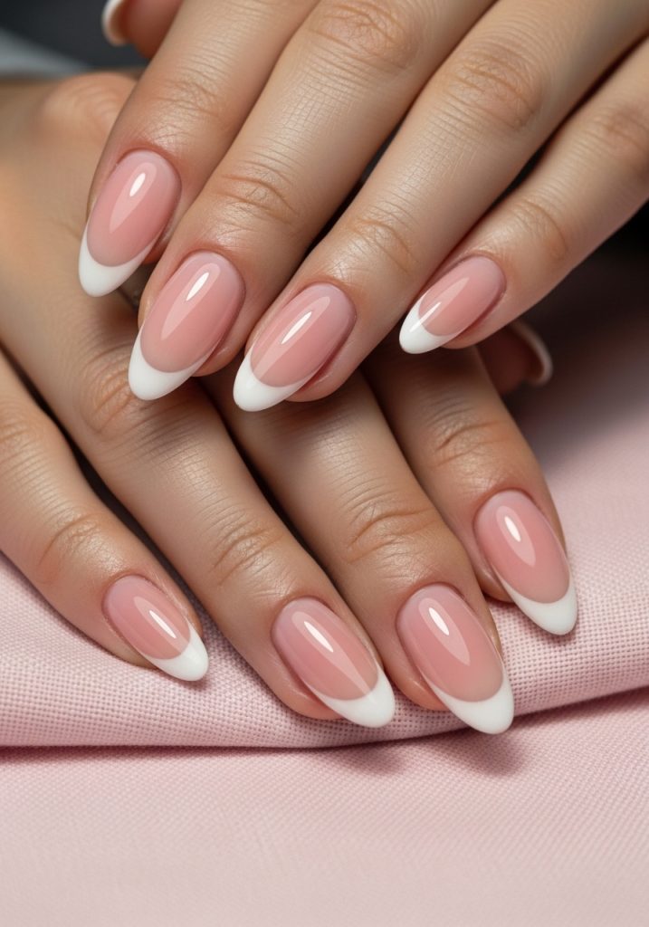 Medium almond shaped blush pink French tip prom nails with crisp white tips on pink linen
