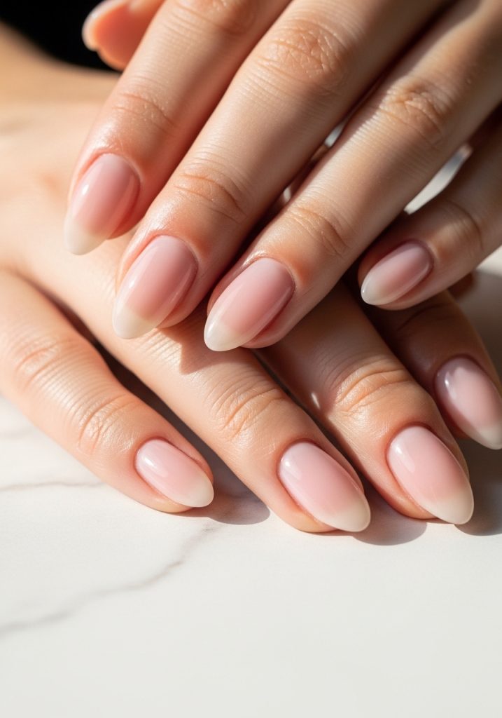 Short almond-shaped milky pink sheer glass finish prom nails with translucent jelly texture