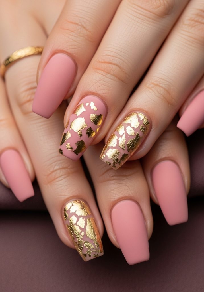 Medium coffin-shaped dusty rose matte prom nails with scattered gold foil accent details