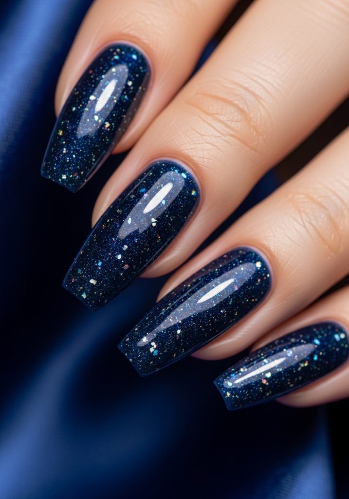Medium coffin-shaped navy blue nails with iridescent shimmer shifting between blue, purple, and silver