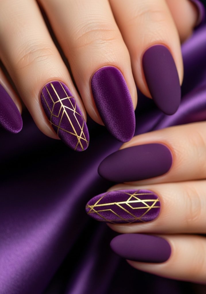 Medium almond-shaped amethyst purple velvet matte prom nails with delicate gold geometric nail art