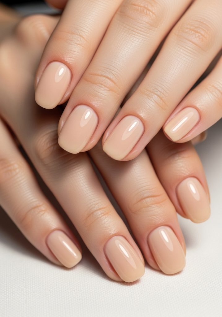 Short oval-shaped clean warm nude beige prom nails against a white linen background