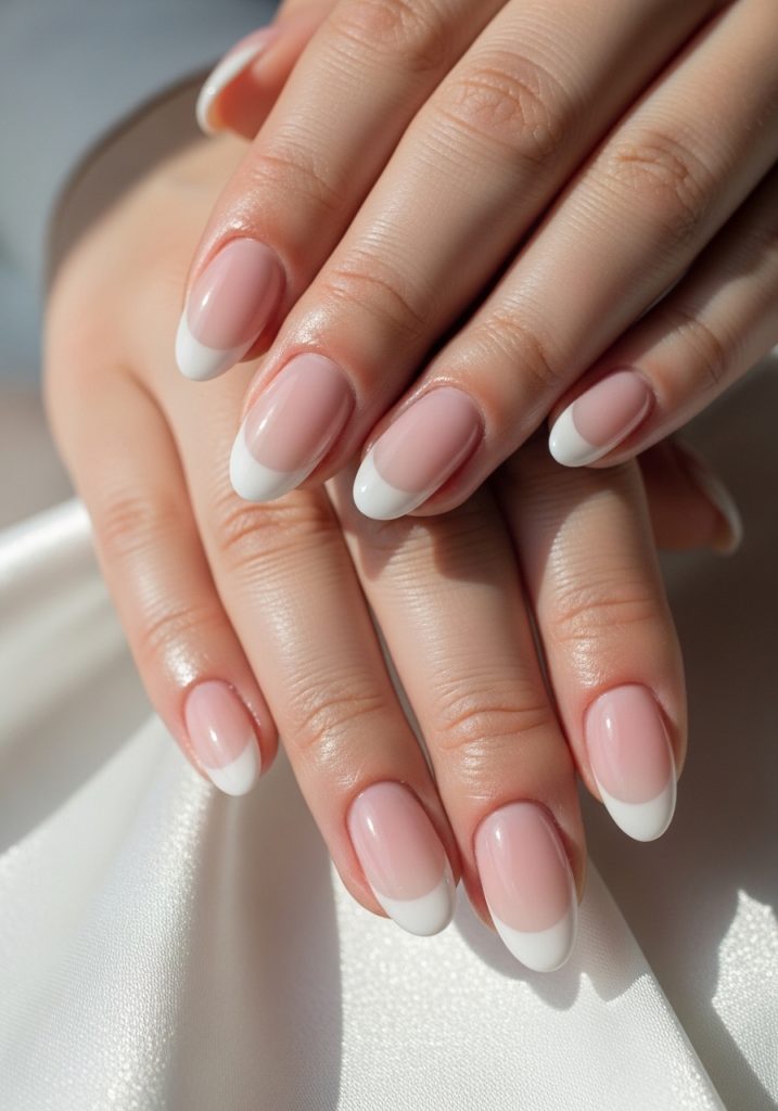 Medium oval-shaped blush to white seamless ombre French tip prom nails on white satin
