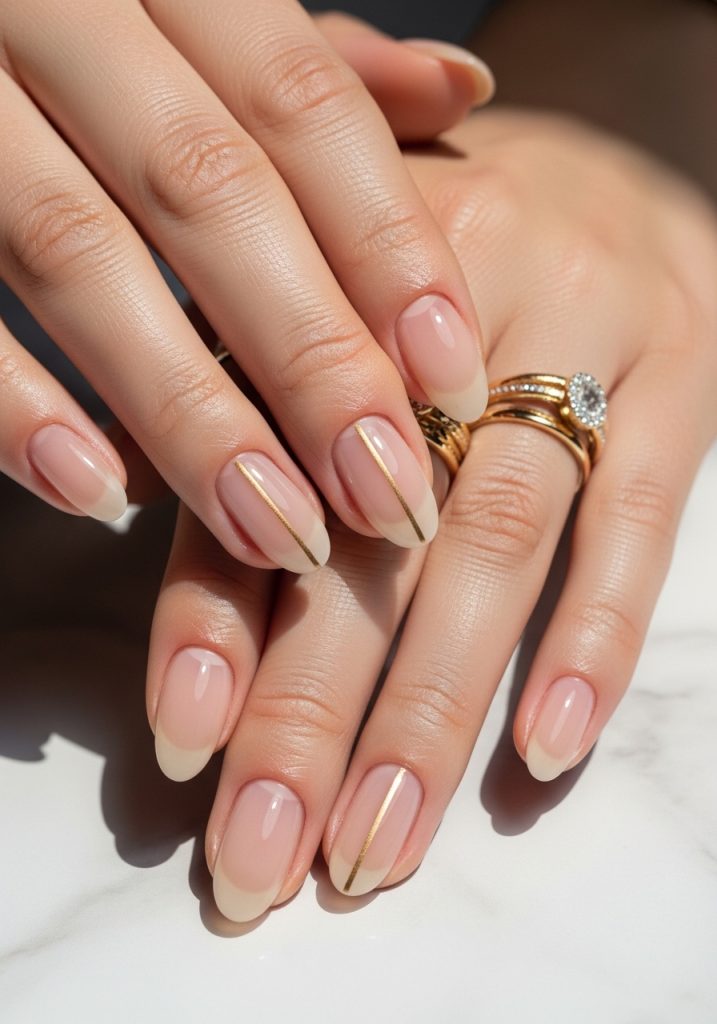 Short almond-shaped sheer nude prom nails with delicate thin gold line nail art accents