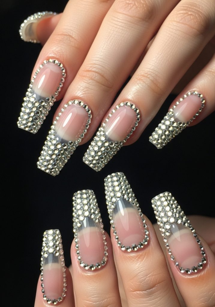 Long coffin-shaped transparent gel prom nails with dense crystal rhinestone tips sparkling under studio lighting