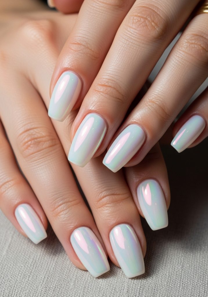 Short coffin-shaped pearlescent opalescent white prom nails glowing with shades of pink and lavender