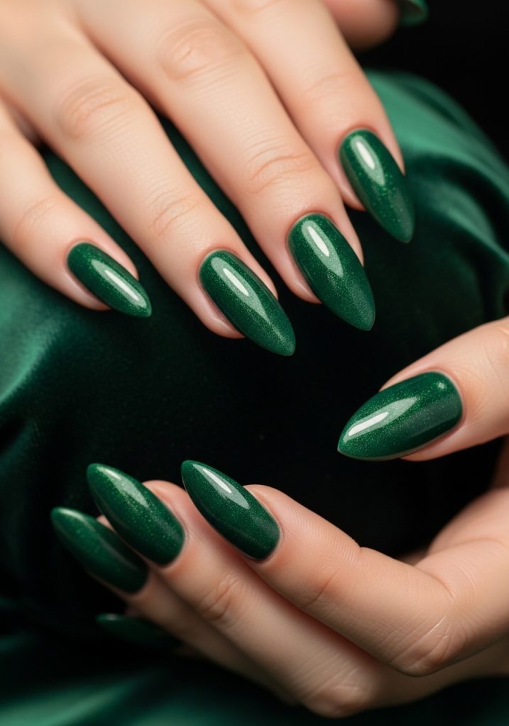 Long almond-shaped rich jade green gel prom nails with subtle chrome shimmer on dark green velvet