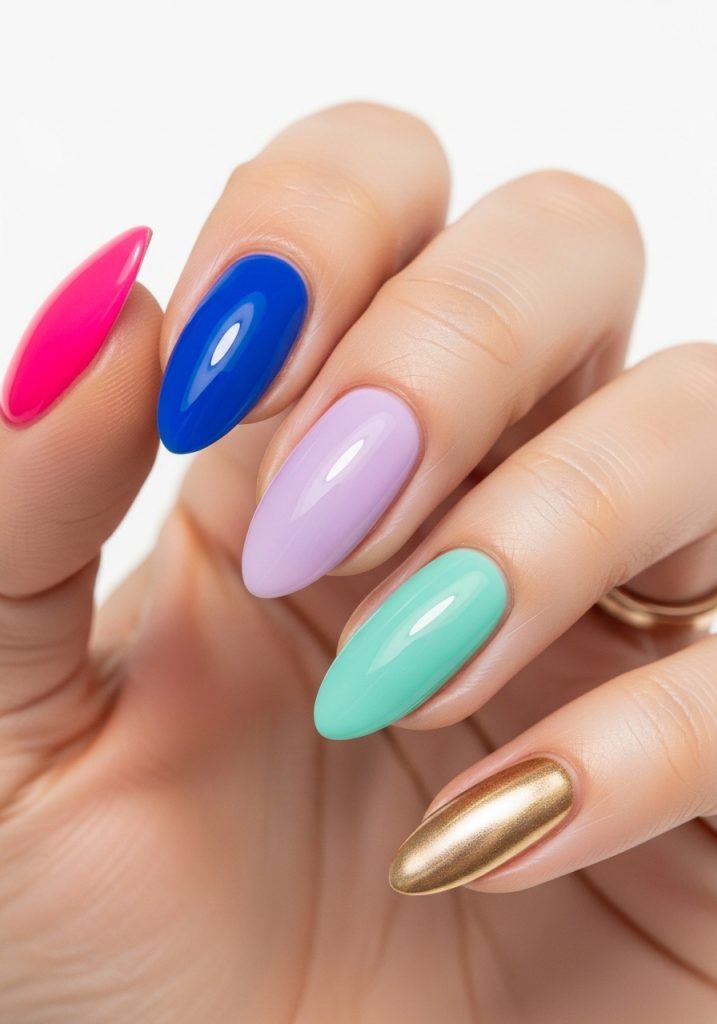 Medium almond-shaped mismatched colorful prom nails in pink, blue, lavender, mint, and gold, each different in color