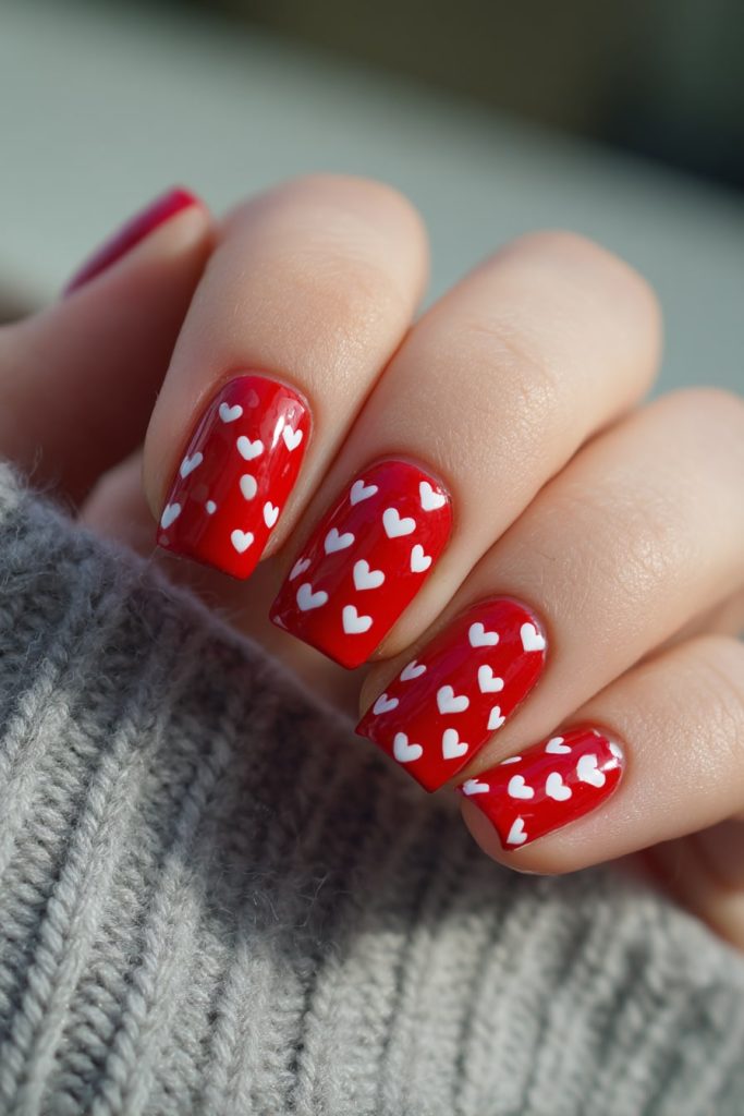 Cherry Red Nails with Mini Hearts
