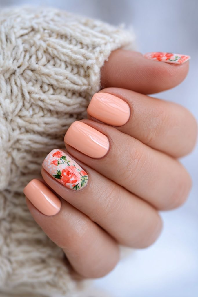 Coral Floral Accent Nails