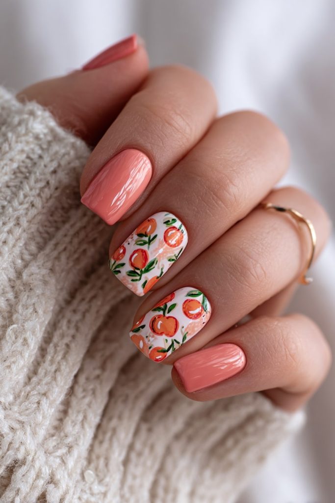 Peach Coral Fruit-Inspired Nails
