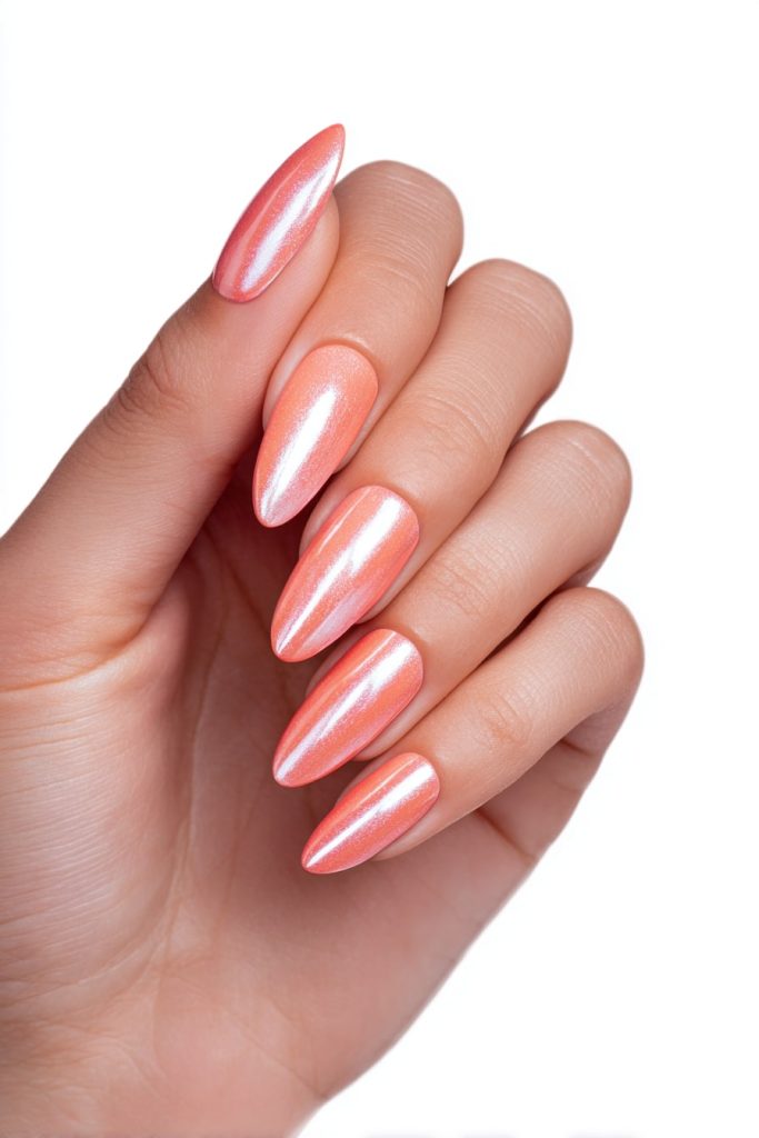 Peach Coral Chrome Nails