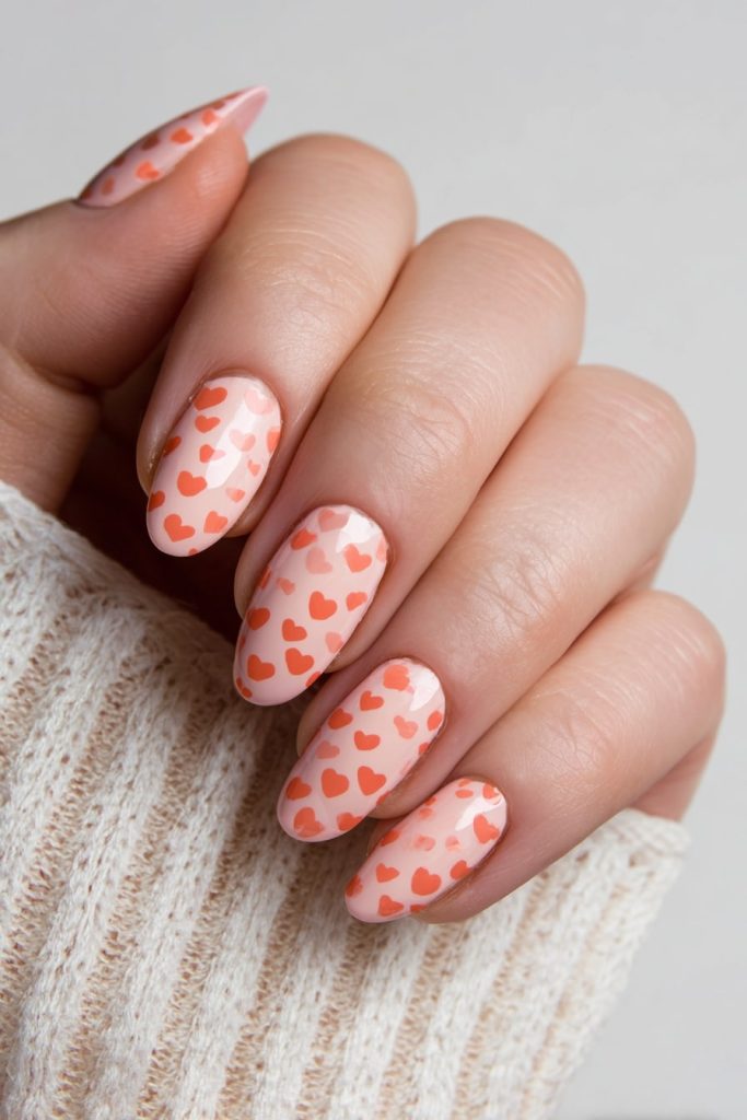 Peach Nails with Coral Hearts