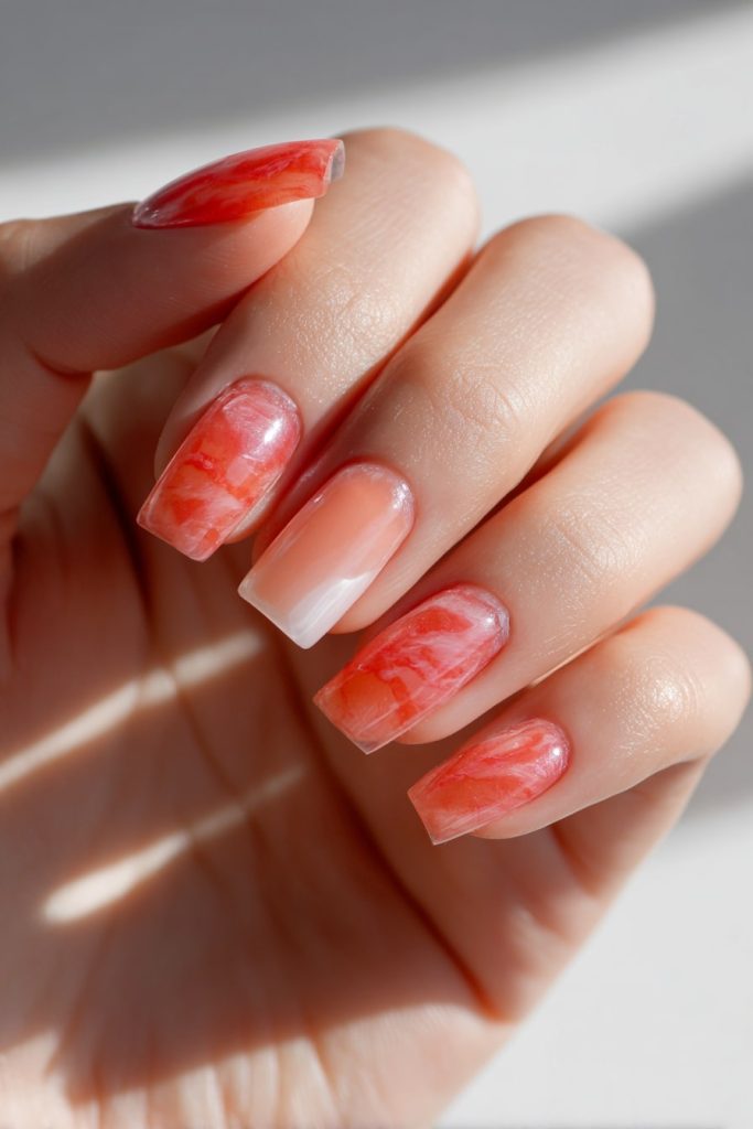 Coral Jelly Nails with Peach Accent