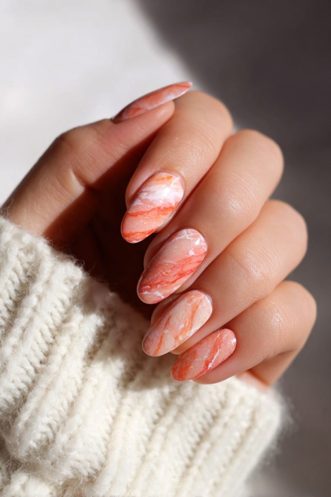Peach and Coral Marble Nails